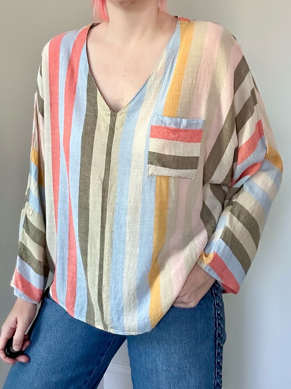 💜 LAST CHANCE Cato Rainbow Vertical Stripe V-neck Dolman Sleeve Linen Blouse